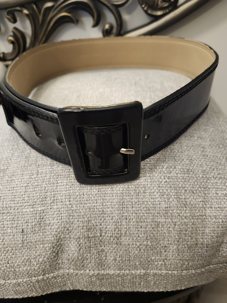 Black Patent Leather Belt with Gold Buckle