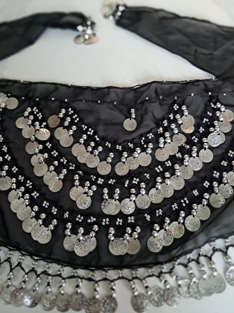 Belly Dance Hip Scarf - Black with Silver Coins image indicator(2)