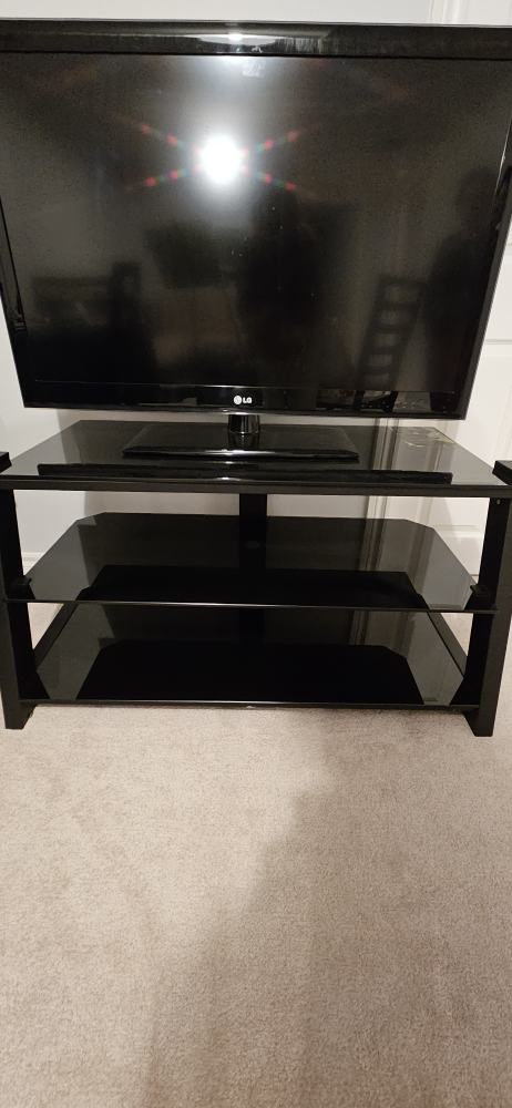 Black Glass TV Stand with Three Shelves (Extra TV for $40)