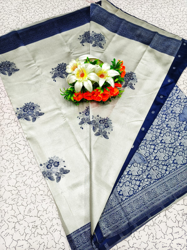 Elegant Silver and Blue Banarasi Silk Saree