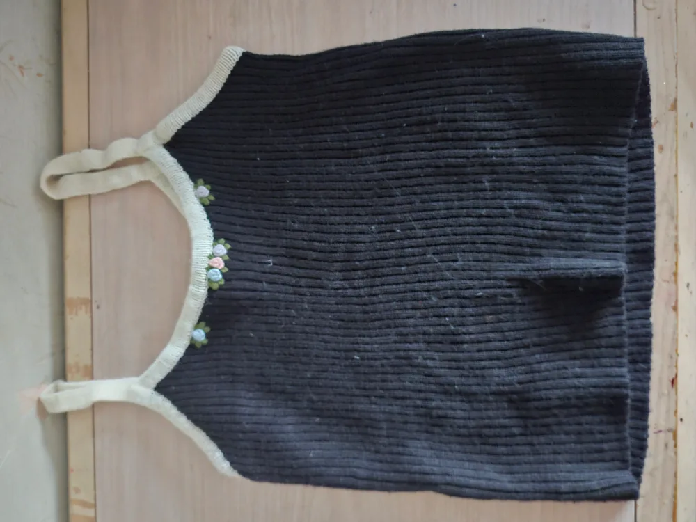Black ribbed knit tank top with floral embroidery thumbnail