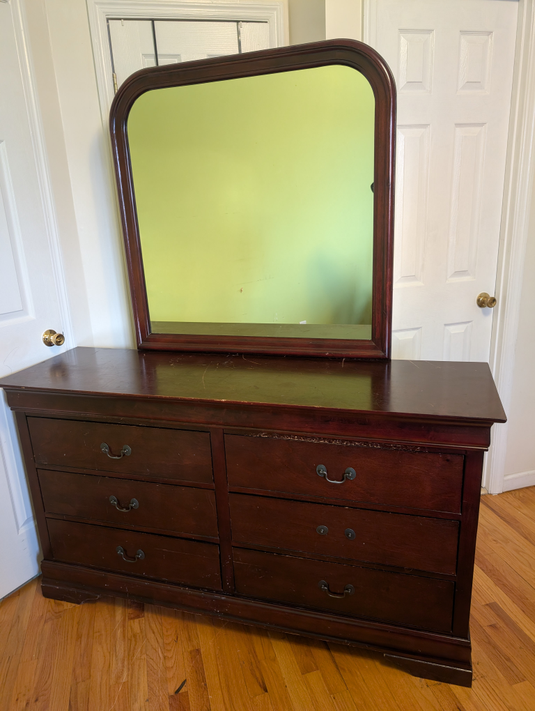 Dark Wood 6-Drawer Dresser with Mirror