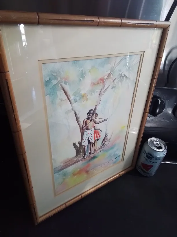 Framed Watercolor Painting of African scene Signed image indicator(6)