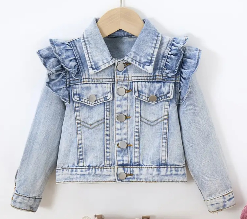 Girls Light Wash Denim Jacket with Ruffles