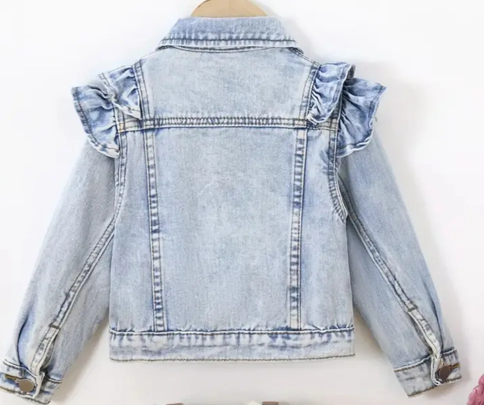 Girls Light Wash Denim Jacket with Ruffles image indicator(2)
