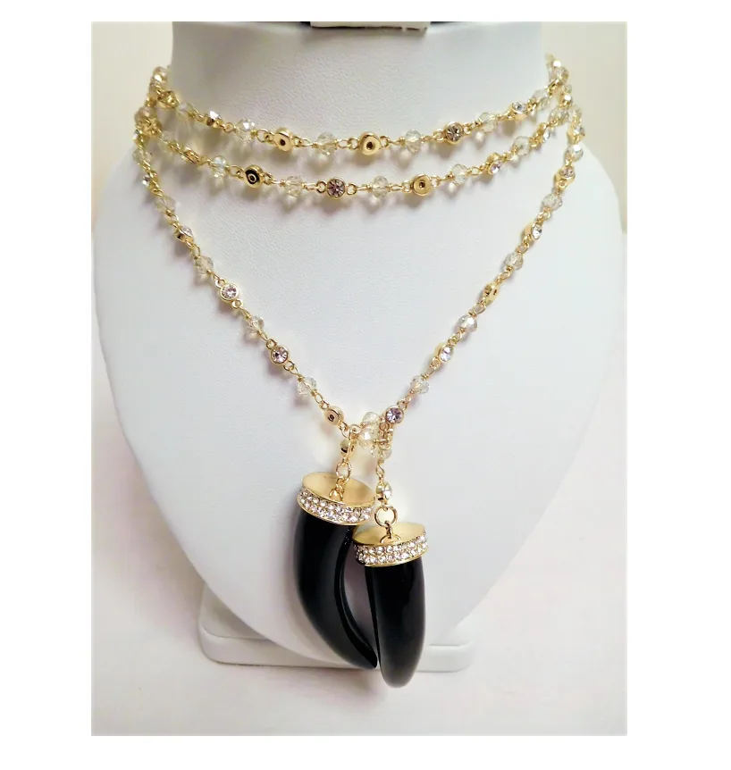 NEW 52" Kathy Levine Black Horn & Crystal Lariat Necklace thumbnail