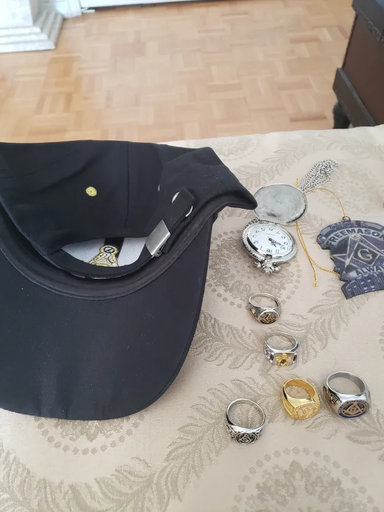 Masonic Regalia Lot: Hat, Rings, Pocket Watch, Pendant image indicator(3)