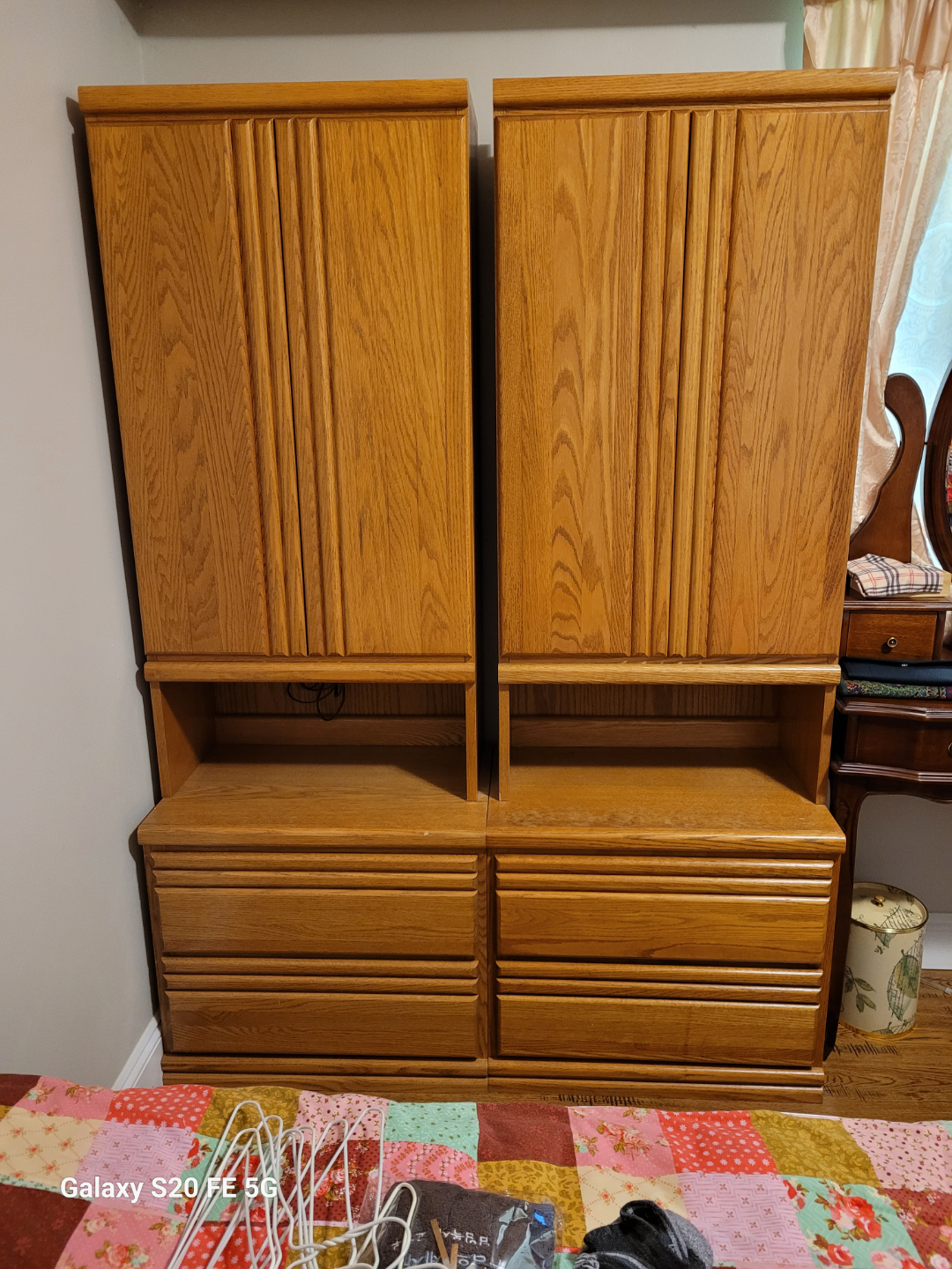 Pair of Oak Wood Storage Cabinets with Drawers