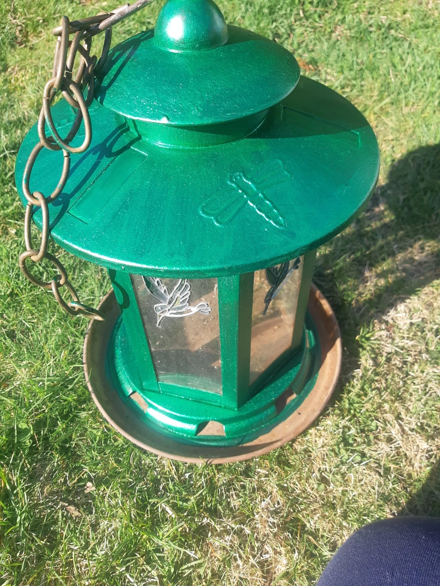 Vintage Cast Iron Lantern & Green Metal Bird Feeder - photo 3