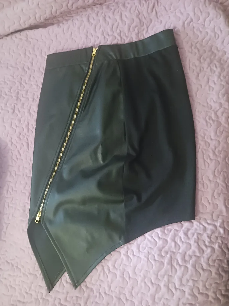 Black Asymmetrical Faux Leather Mini Skirt with Gold Zipper image indicator(2)