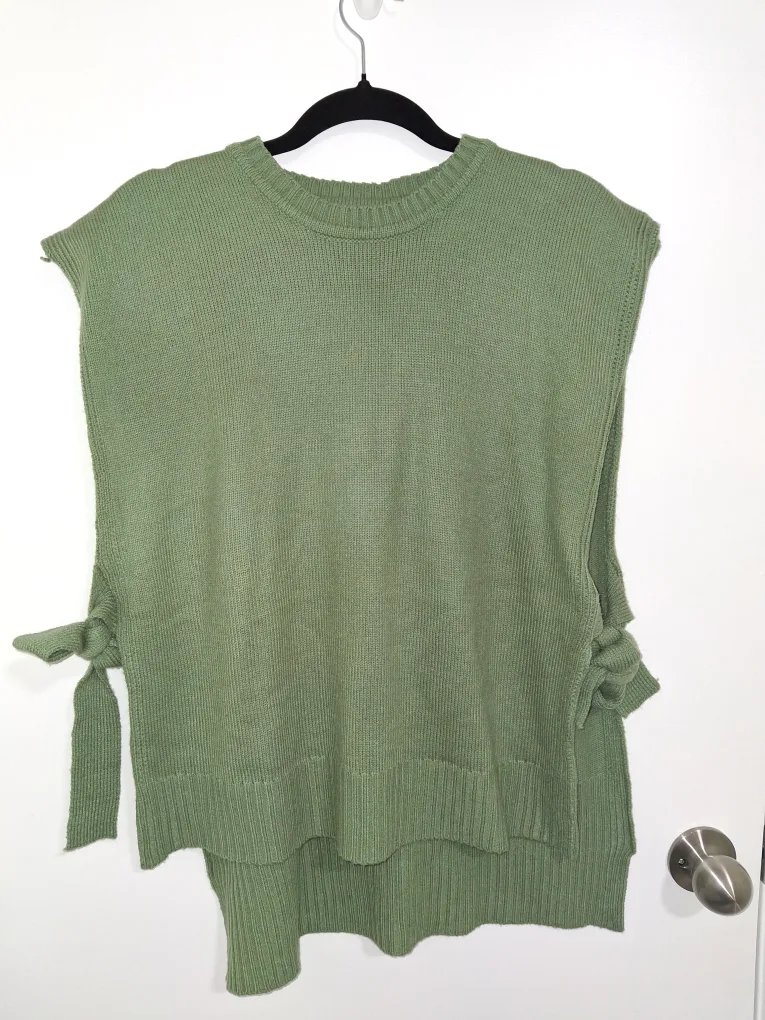 Olive Green Knitted Sleeveless Sweater with Side Ties thumbnail