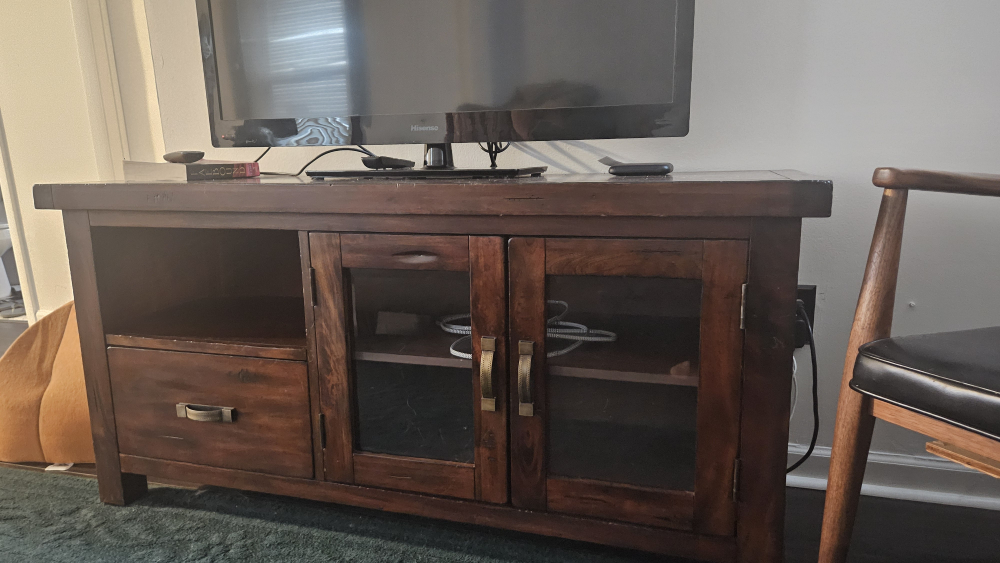 MOVING SALE, Dark Wood Media Console with Glass Doors - photo 2