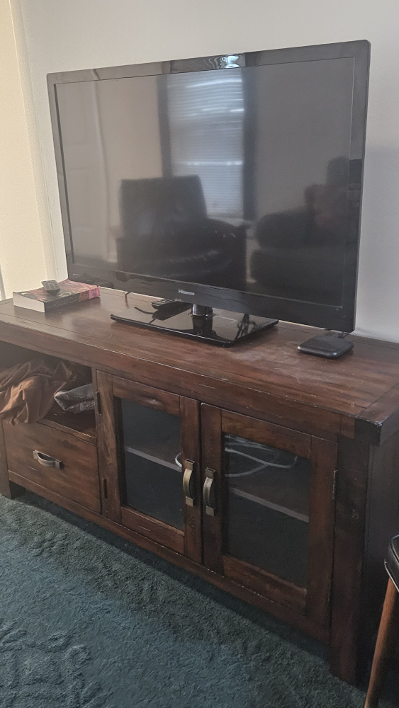 MOVING SALE, Dark Wood Media Console with Glass Doors - photo 3