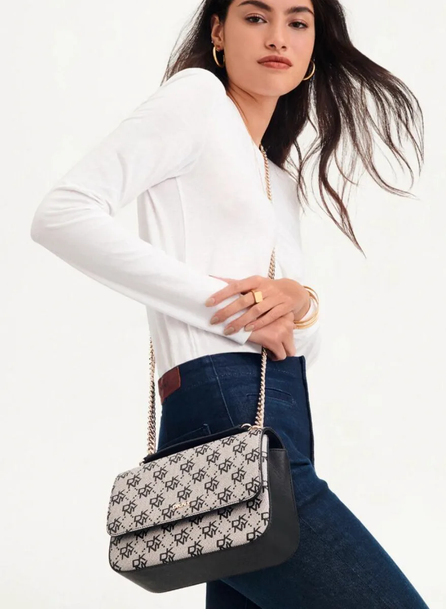 DKNY Beige and Black Monogram Shoulder Bag thumbnail
