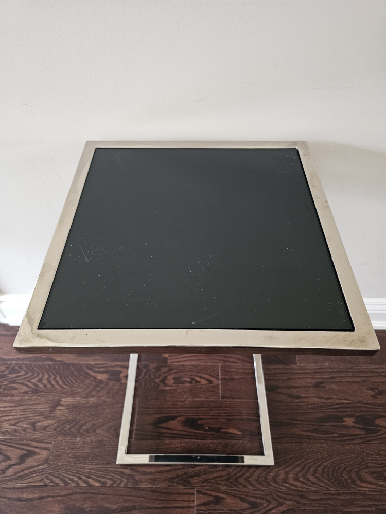 Silver Metal Framed Mirror & Black Glass Side Table Set - photo 2