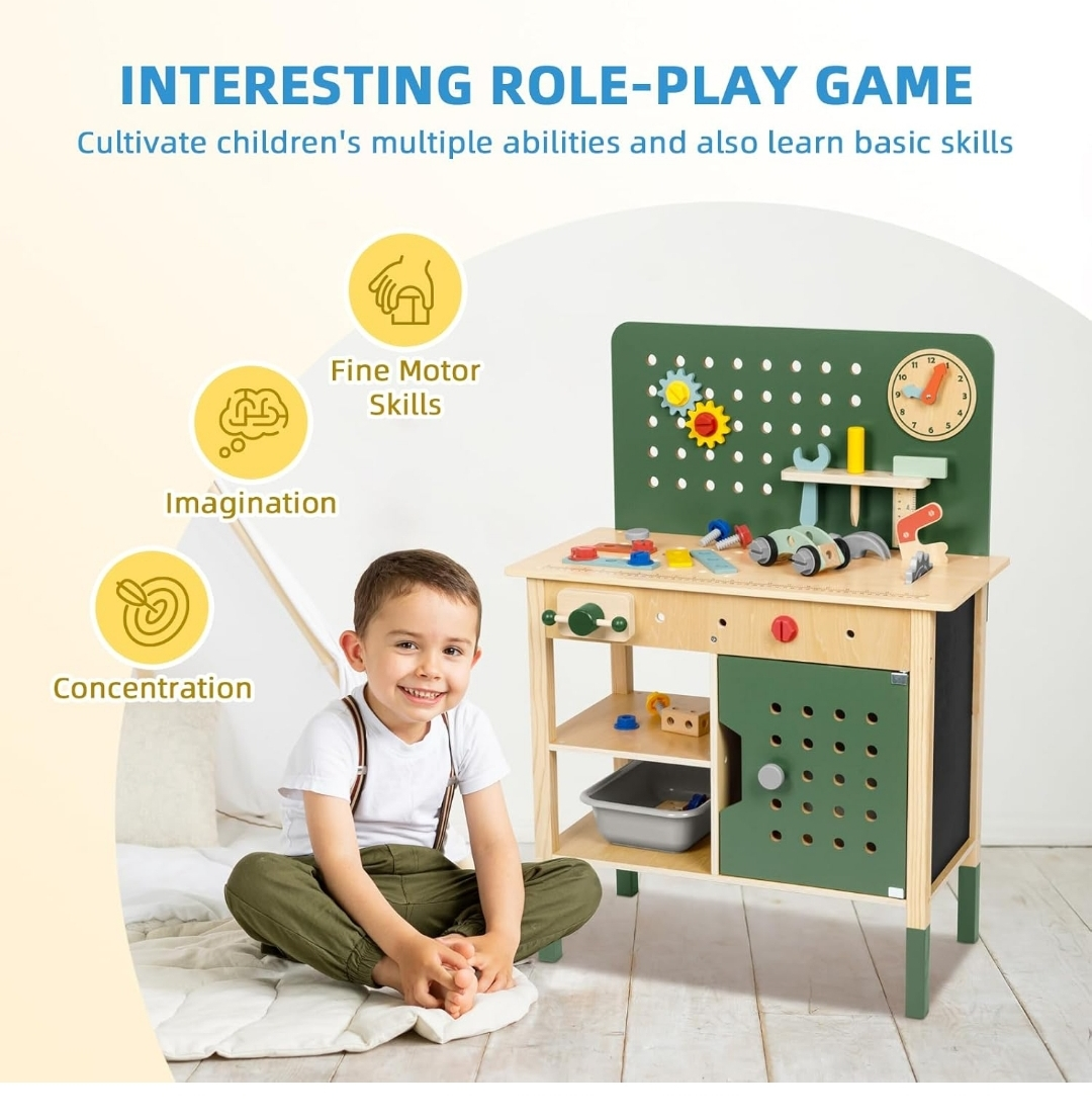 Kids Wooden Tool Bench Playset - Pretend Play Toy Workbench - photo 3