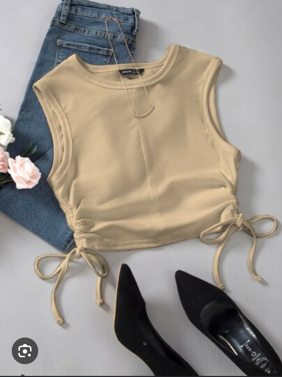 SHEIN Beige Ribbed Side Tie Crop Tank Top