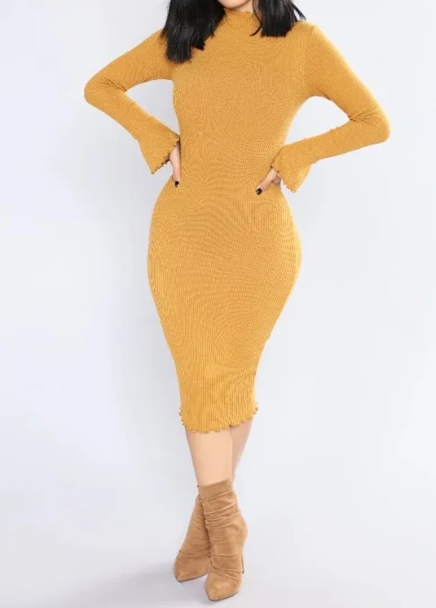 Mustard Yellow Ribbed Midi Dress thumbnail