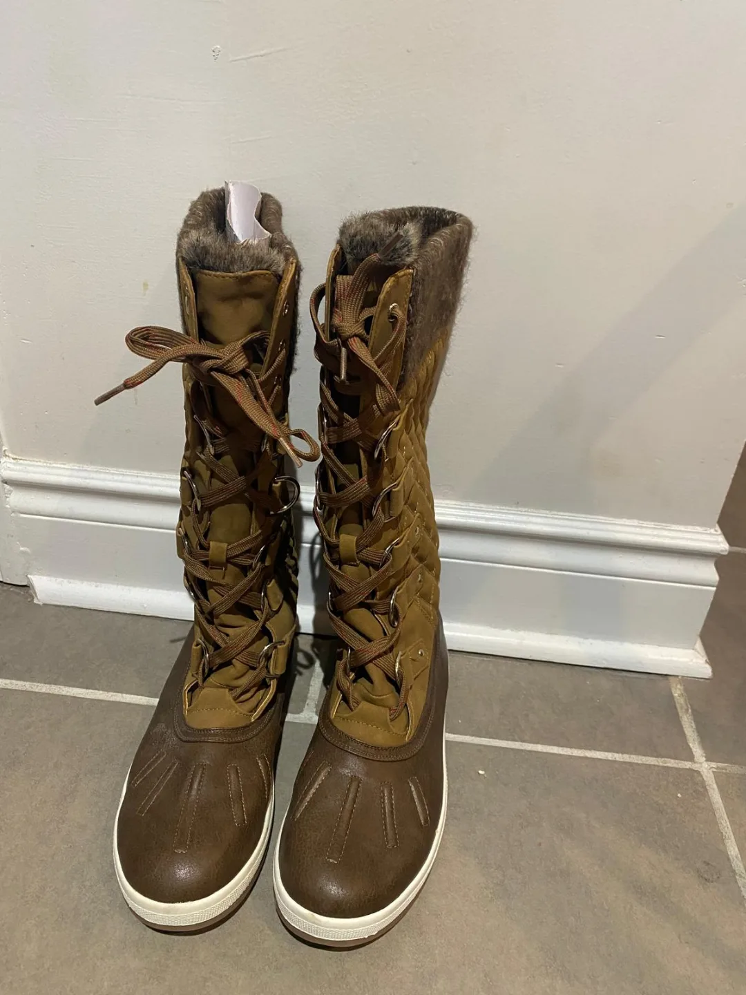 Brown quilted tall winter boots thumbnail