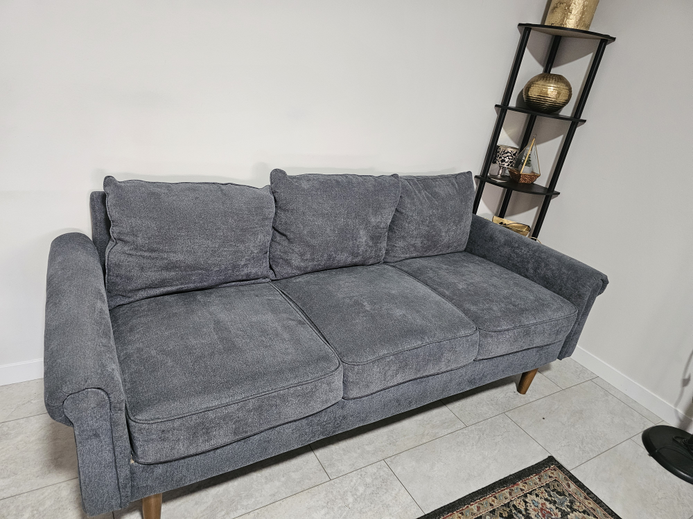 Grey fabric sofa with three cushions - photo 2