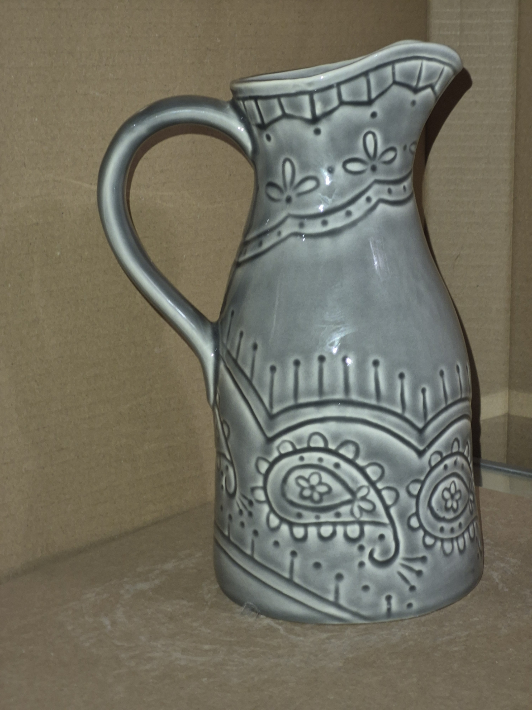Grey Ceramic Pitcher with Embossed Design
