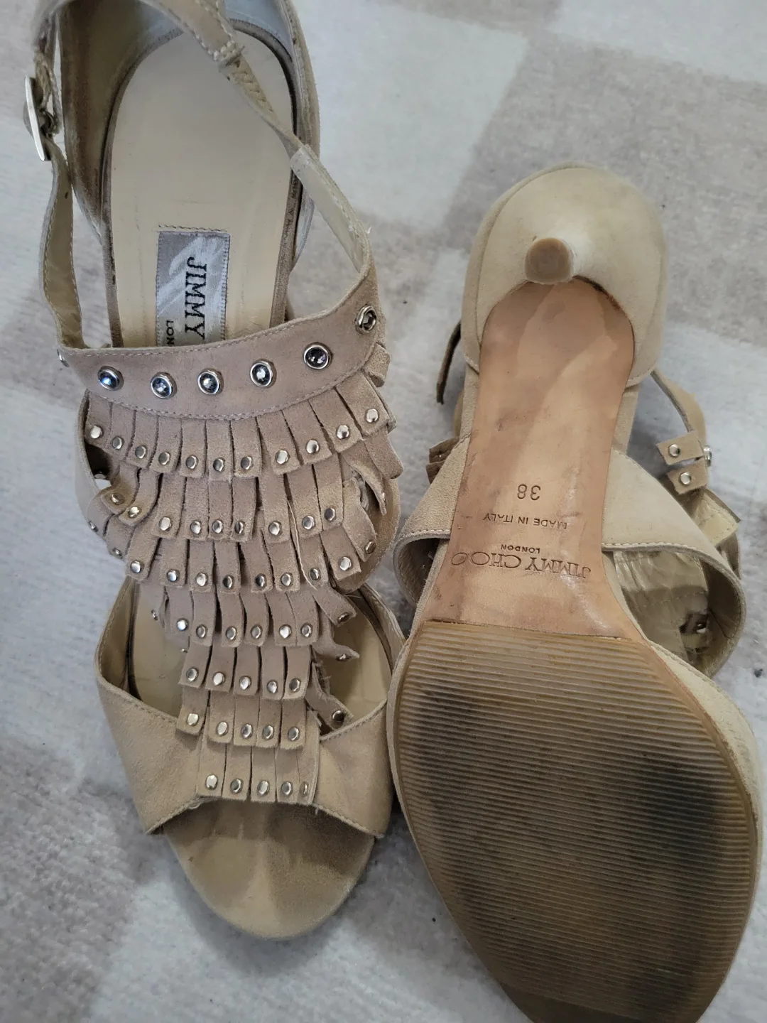 Jimmy Choo Beige Suede Fringe Heels Size 38 image indicator(3)
