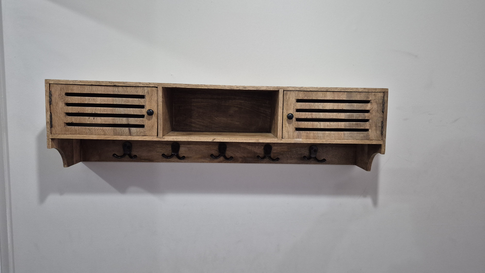 Wooden Wall Shelf with Hooks and Cabinets