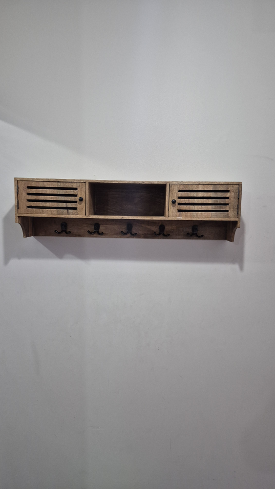 Wooden Wall Shelf with Hooks and Cabinets - photo 4