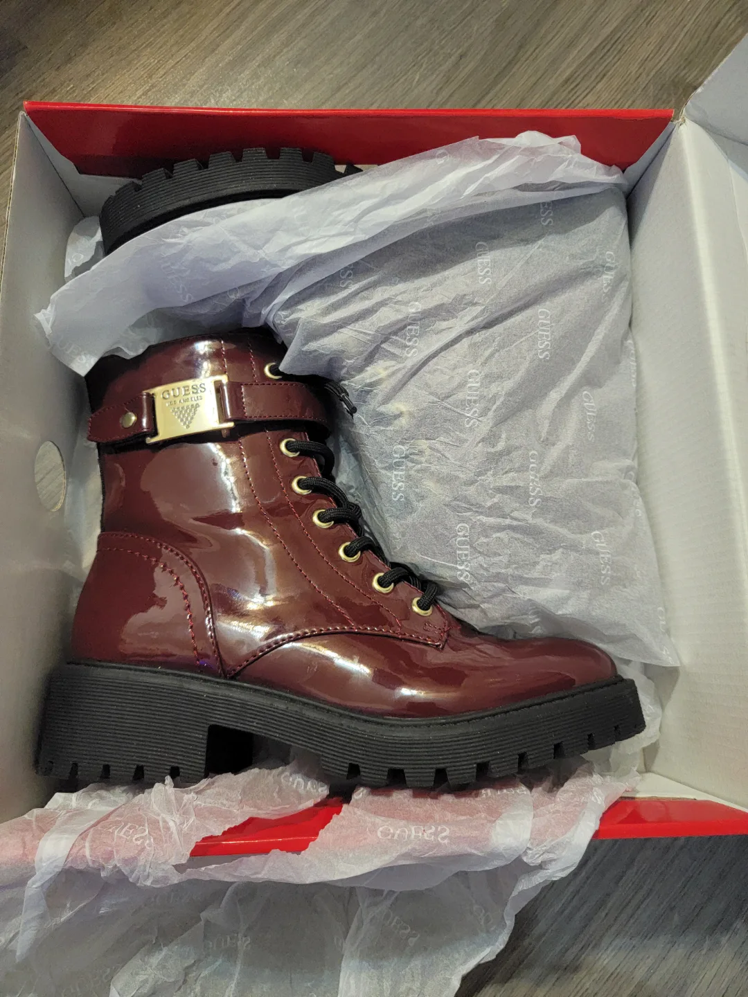 Women's Size 6 Guess Dark Red Patent Leather Boots image indicator(4)