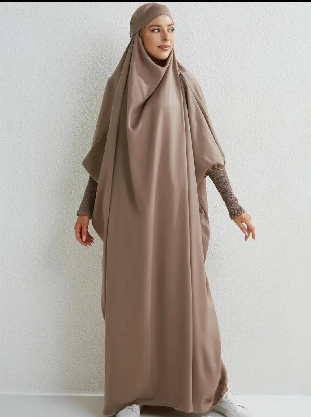 Elegant Taupe Muslimah Abaya with Built-in Hijab