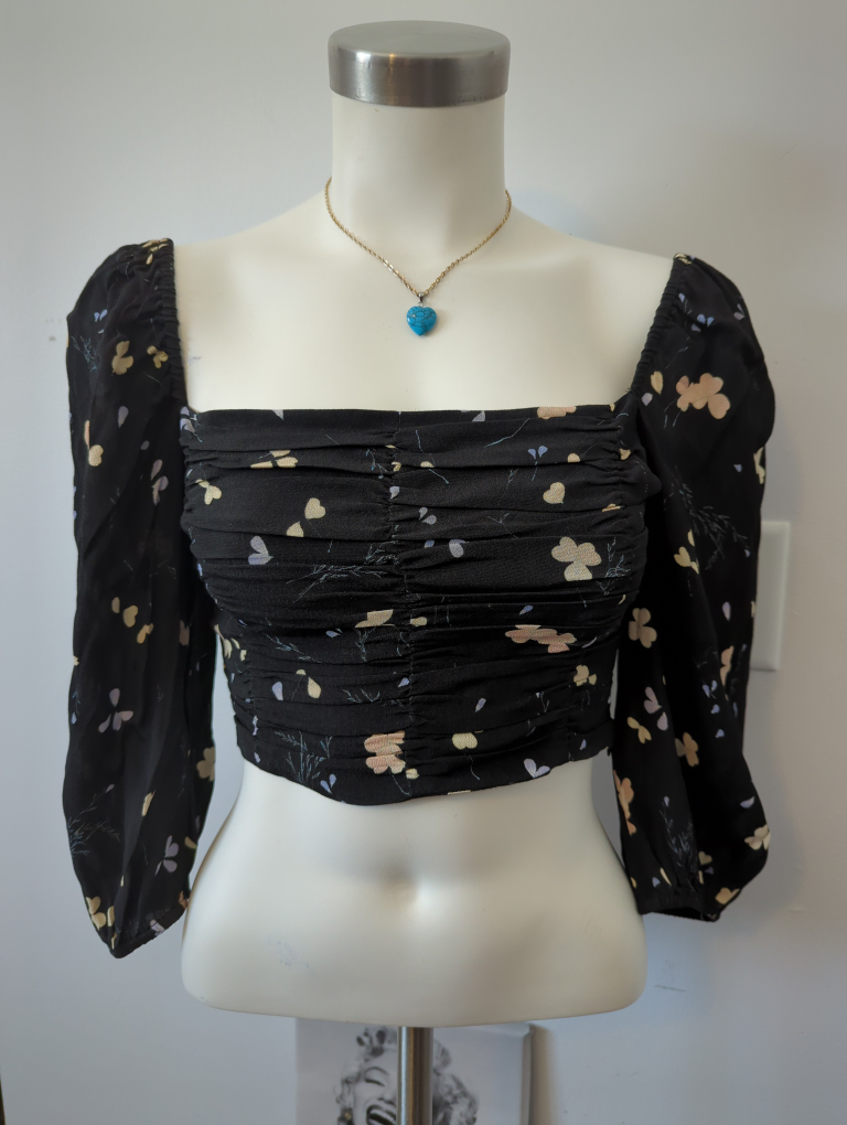 Wilfred Black Floral Puff Sleeve Crop Top - Size Small