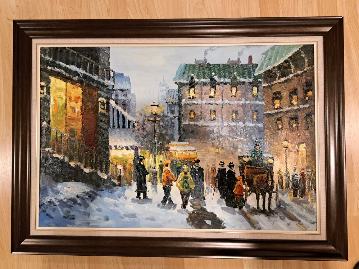 30.5"x43" Framed Oil Painting of Snowy European Street Scene image indicator(6)