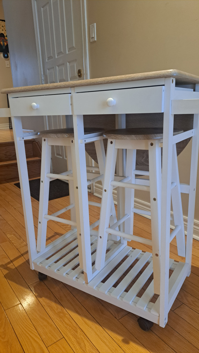 White Kitchen Island with Drop-Leaf Table and Two Stools