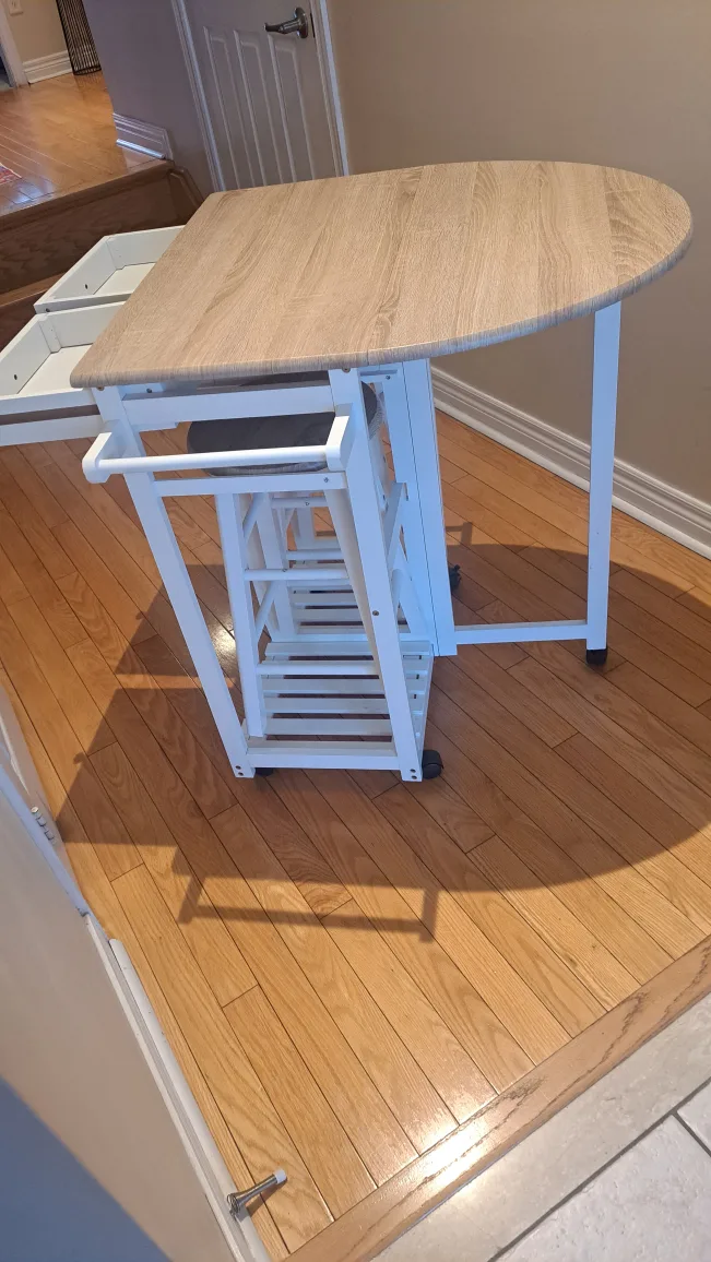 White Kitchen Island with Drop-Leaf Table and Two Stools image indicator(2)