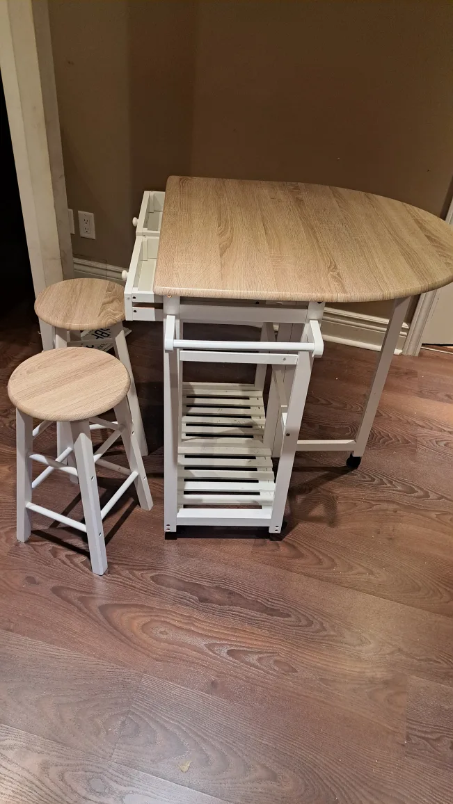 White Kitchen Island with Drop-Leaf Table and Two Stools image indicator(3)