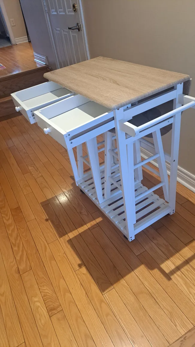 White Kitchen Island with Drop-Leaf Table and Two Stools image indicator(5)