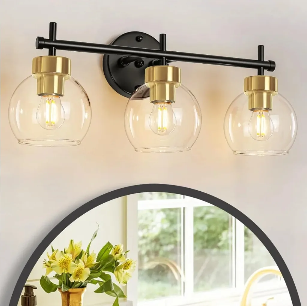 Three-Light Vanity Light Fixture, Black and Gold thumbnail