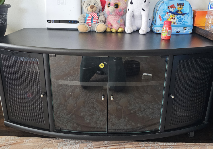 Black Curved TV Stand with Glass Doors