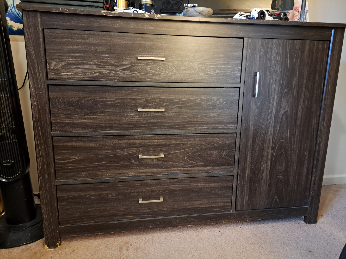 Dark Brown Wooden 4-Drawer Dresser with Cabinet
