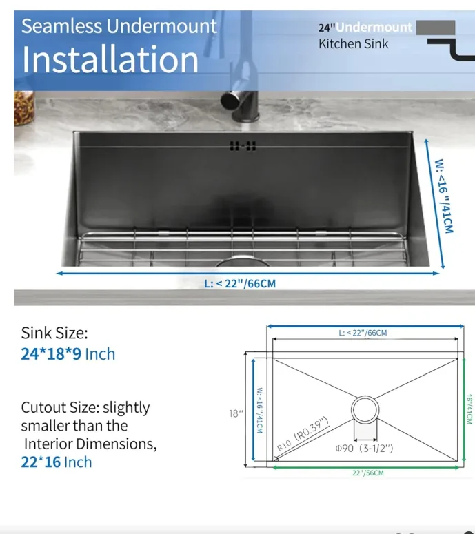 KIAMATES 24x18x9 inch Undermount Kitchen Sink image indicator(2)