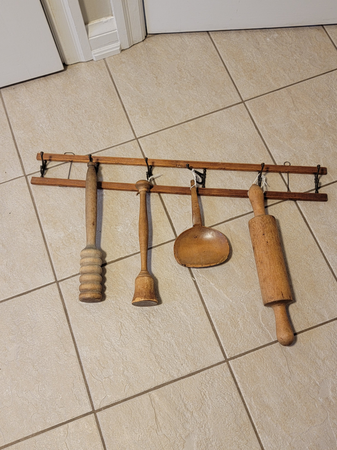 Antique Wooden Kitchen Utensil Set and display hanger