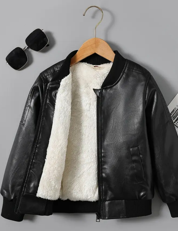 Kids' Black Faux Leather Bomber Jacket - Size 3-4Y