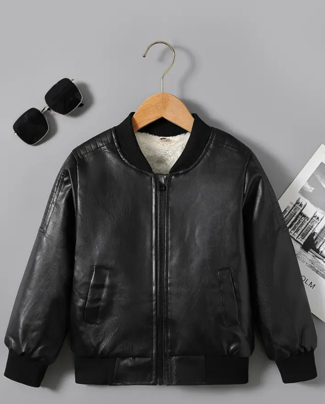 Kids' Black Faux Leather Bomber Jacket - Size 3-4Y - photo 2