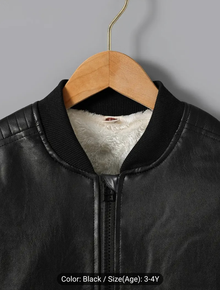 Kids' Black Faux Leather Bomber Jacket - Size 3-4Y - photo 3