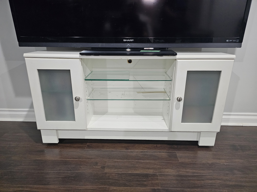 White TV Stand with Glass Shelves