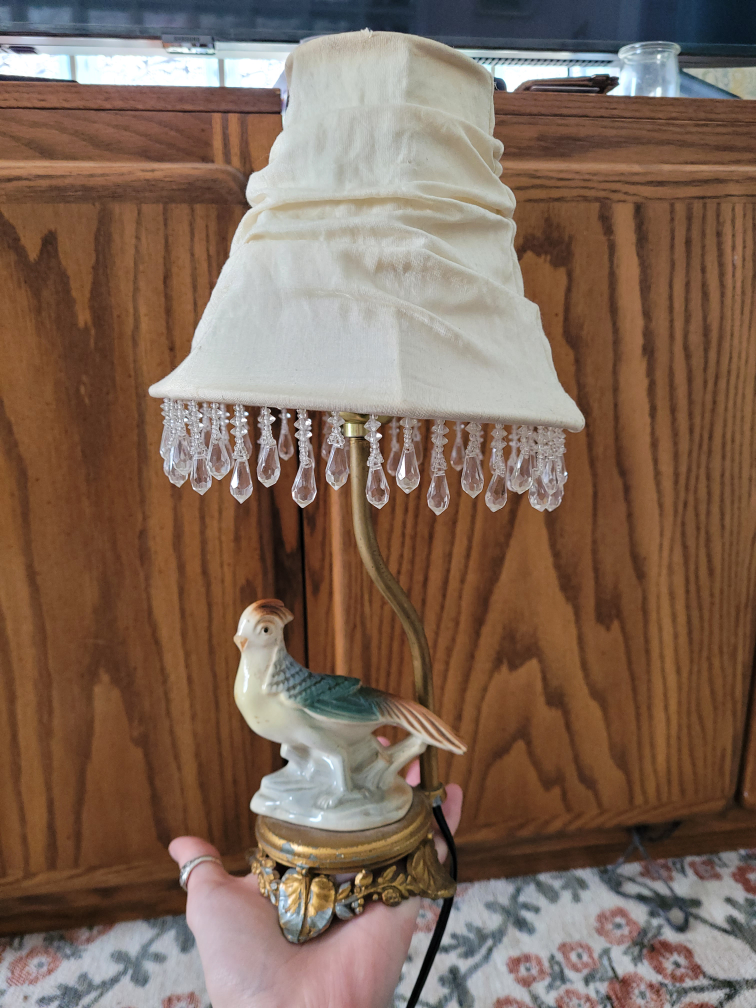 Vintage Porcelain Bird Table Lamp with Beaded Shade
