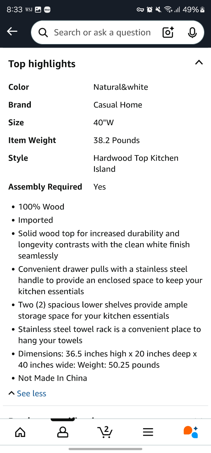 Kitchen Island - Natural & White - 40"W - photo 5