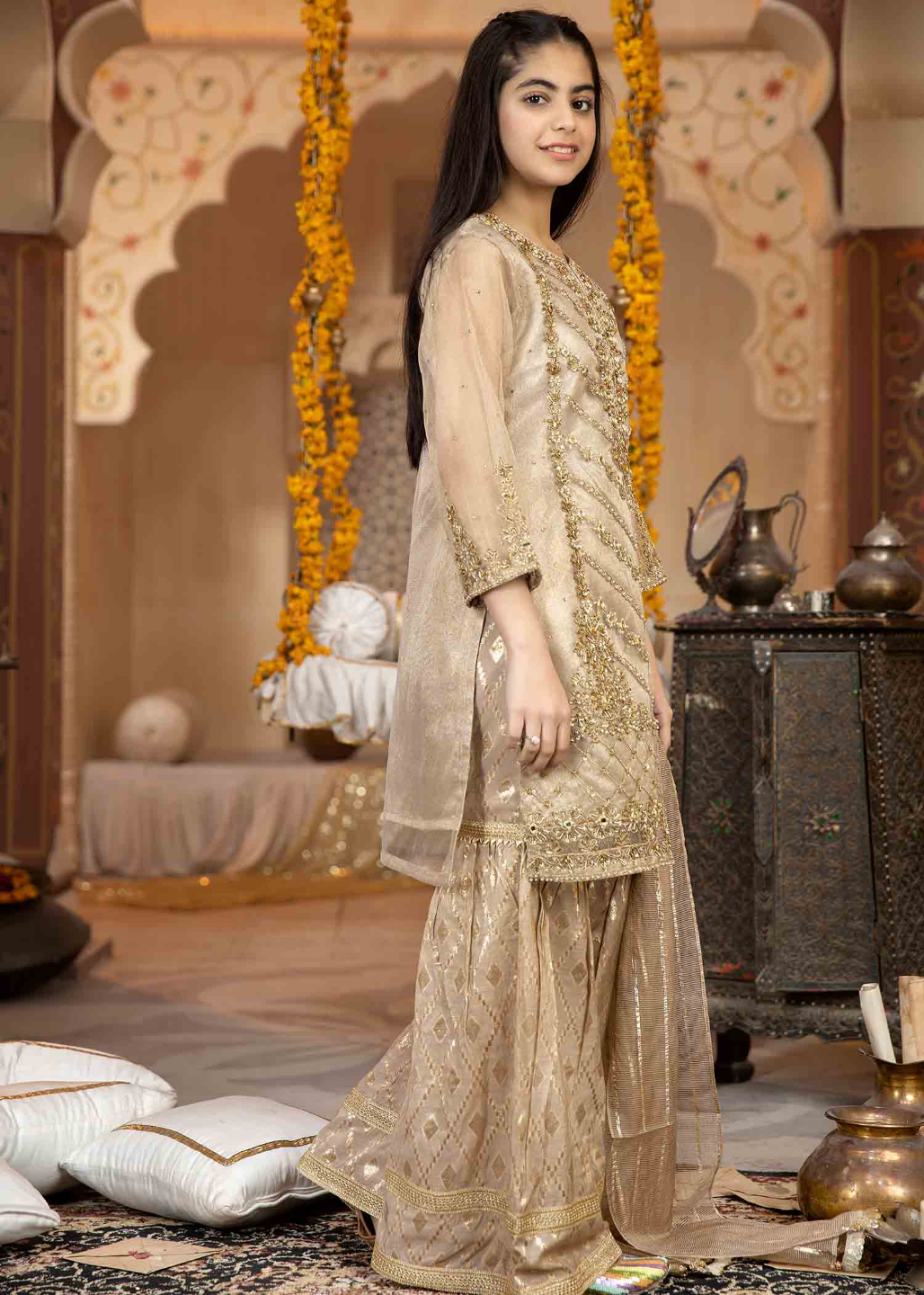 Girls' Gold Embroidered Three-Piece garara outfit - photo 2
