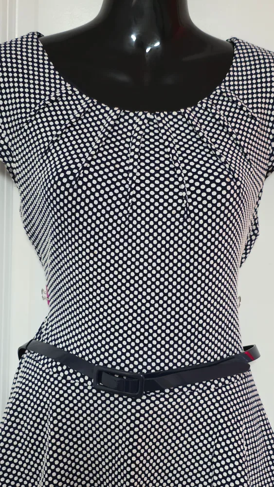Connected Apparel Women's Size 12 Navy and White Polka Dot Dress thumbnail