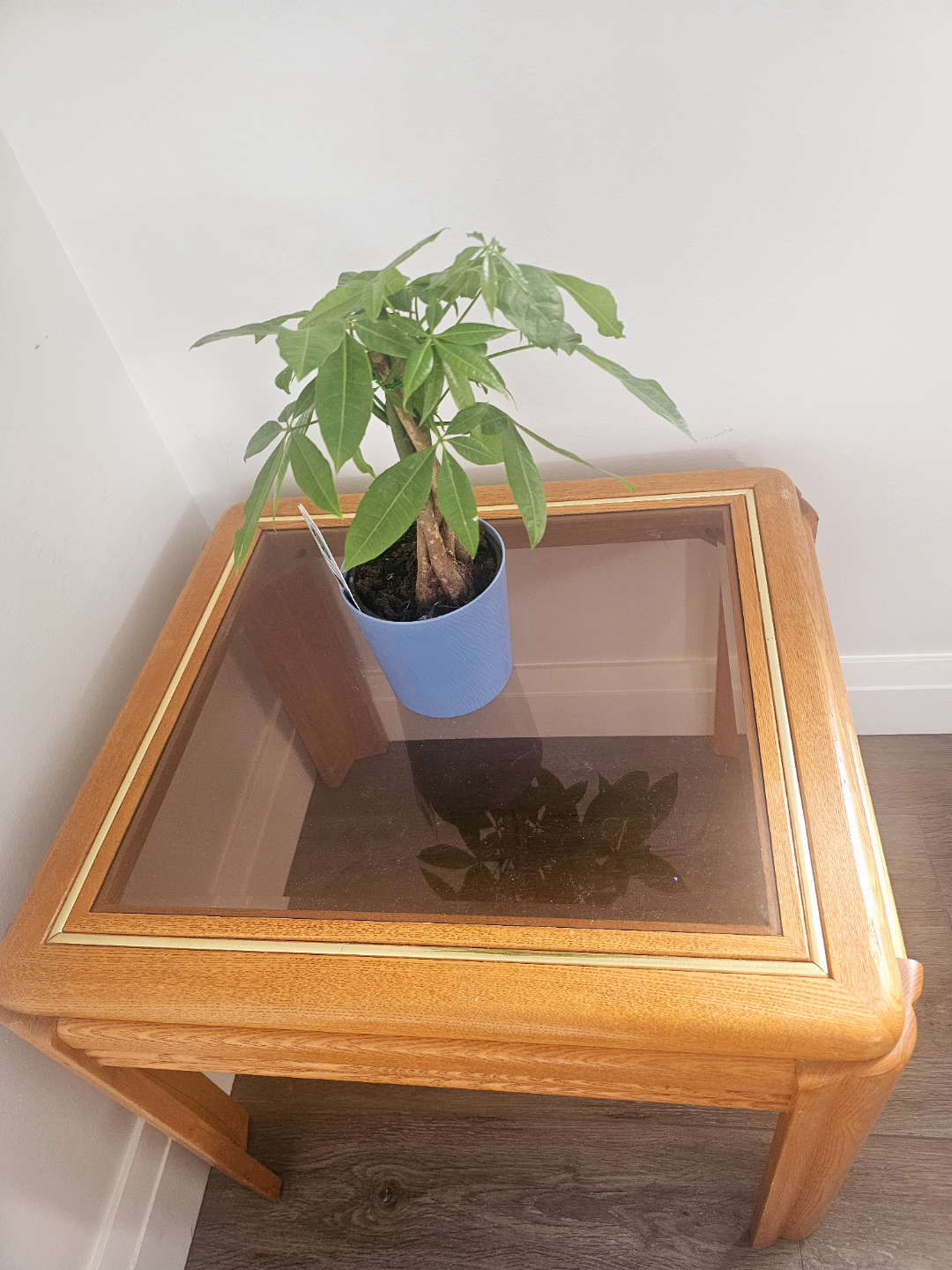 Vintage Oak Wood End Table with Glass Top - photo 2
